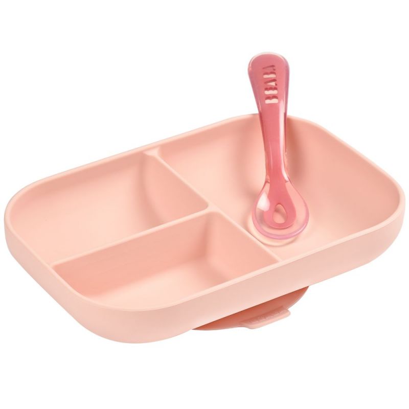 Coffret assiette à compartiments et cuillère rose Béaba