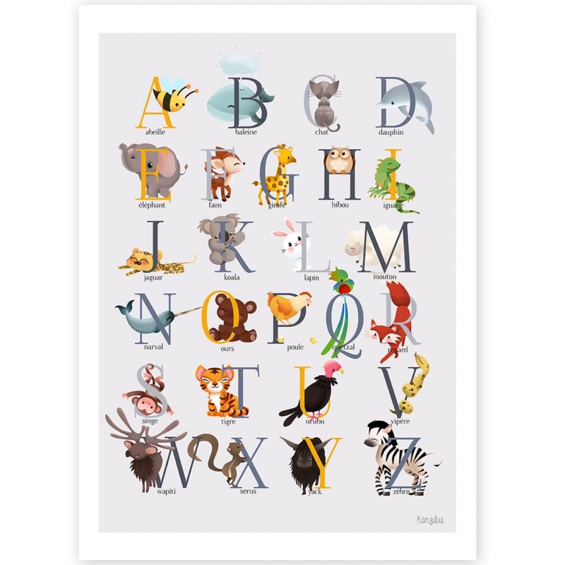 Carte A5 abécédaire animalier jaune Kanzilue