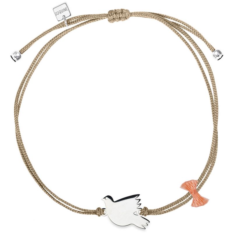 Bracelet cordon beige Spirit colombe (argent 925°) Coquine