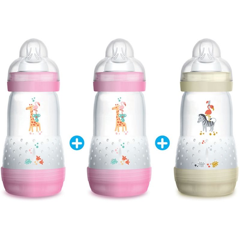 Lot de 3 biberons anti-colique rose et beige Easy Start - débit 2 moyen (260 ml) MAM