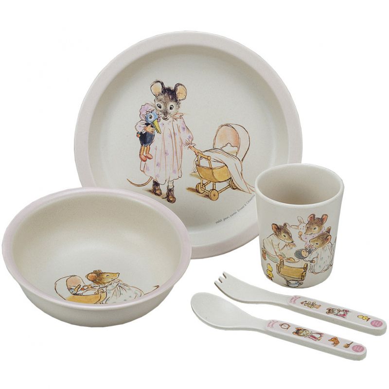 Coffret repas en bambou Ernest et Célestine rose (5 pièces) Petit Jour Paris