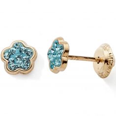 Boucles d'oreilles à vis Fleur cristaux bleu (or jaune 9 carats) - Baby bijoux