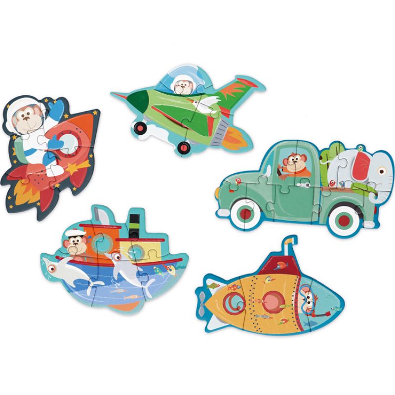 Lot de 5 petits puzzles Singe Véhicules (3 à 8 pièces) Scratch