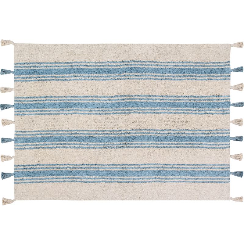 Tapis lavable rayé bleu pâle sur fond crème avec pompons (120 x 160 cm) Lorena Canals