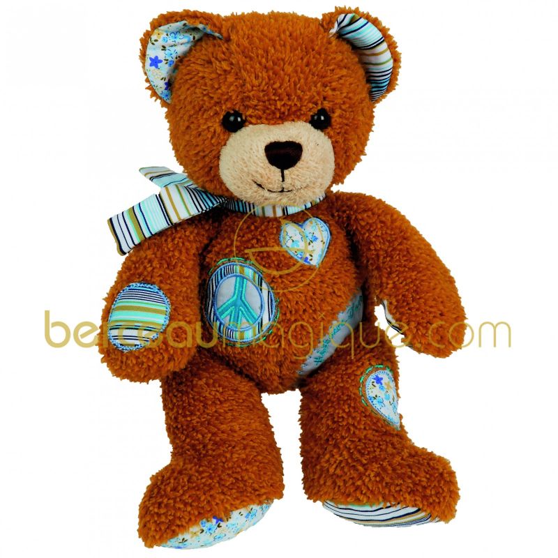 Doudou Ours Peace & Love miel et turquoise (24 cm) Histoire d'Ours