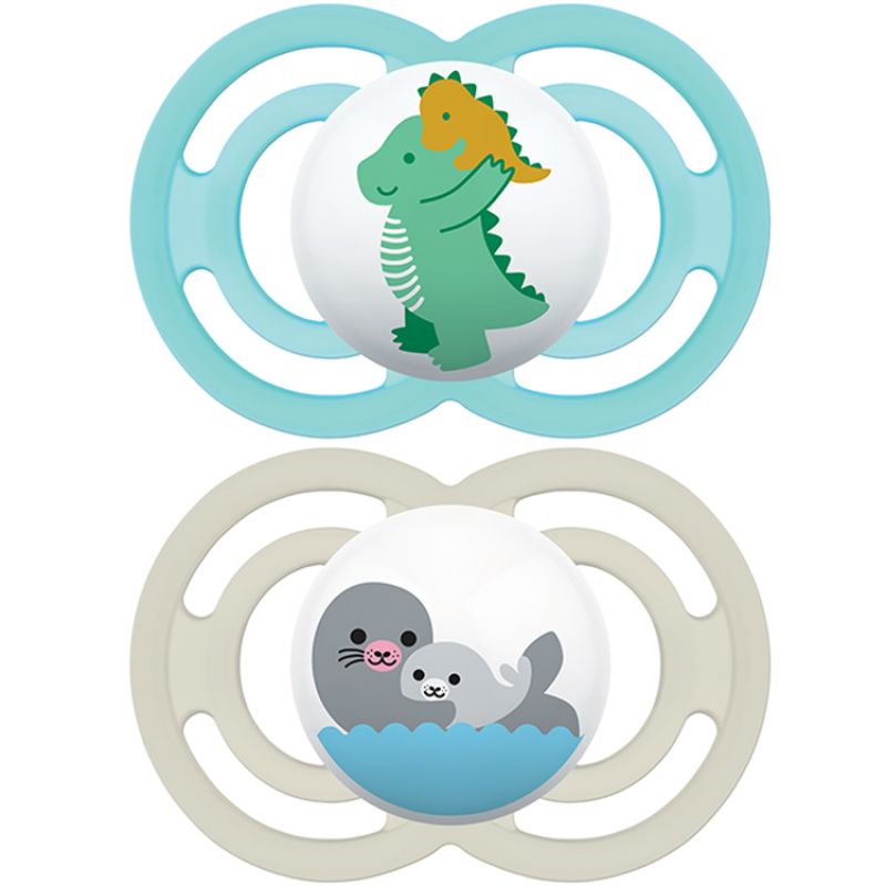 Lot de 2 sucettes anatomiques Perfect dinosaure et phoque mixte (6 mois et +) MAM