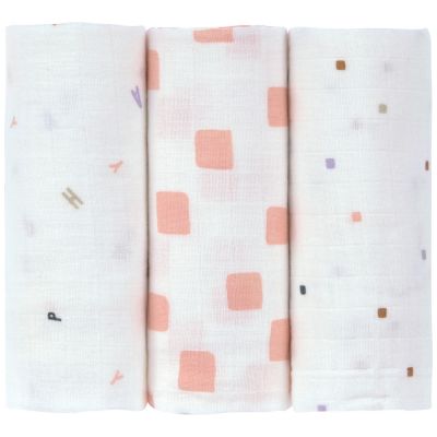 Lot de 3 langes mousseline GOTS Happy Fruits pêche (60x60 cm)