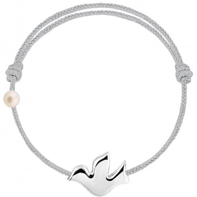 Bracelet cordon Colombe et perle gris (or blanc 750°) Claverin