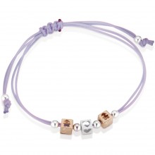 Bracelet cordon lila 2 cubes fille 1 cube coeur (or rose 375° et argent 925°)  par leBebé