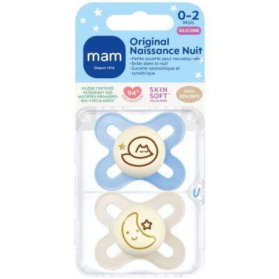 Lot de 2 sucettes Original Naissance Nuit en silicone bleu (0-2 mois)