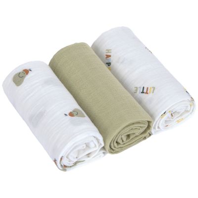 Lot de 3 langes mousseline GOTS Happy Fruits Poire (60x60 cm) Lässig 