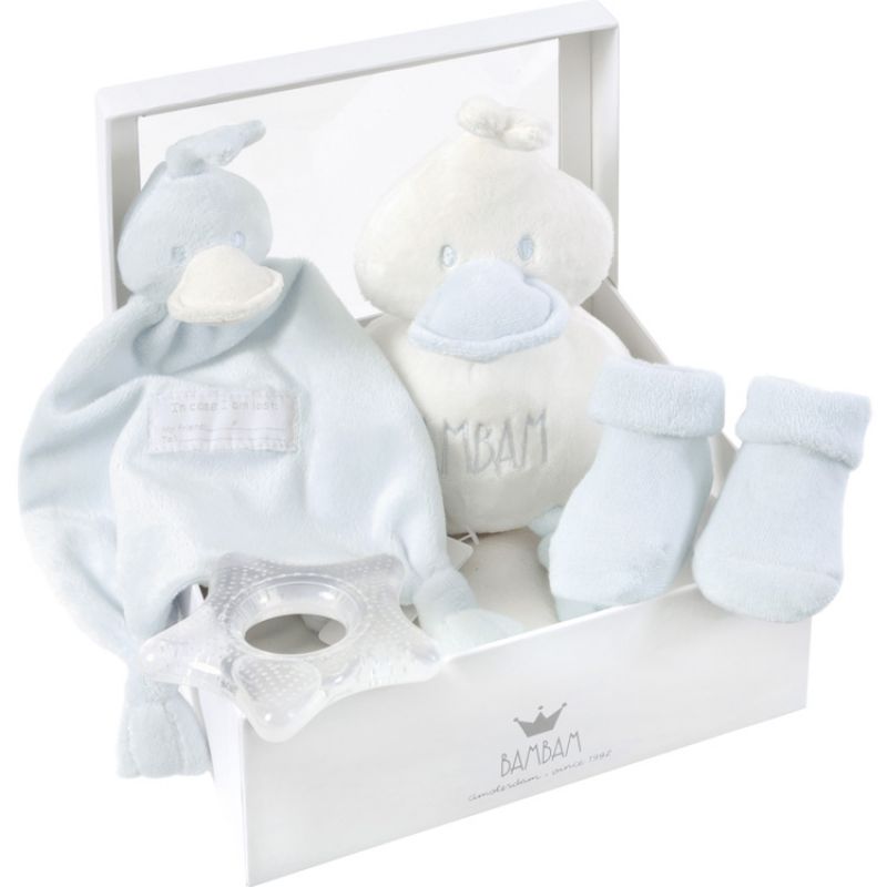 Coffret cadeau naissance doudou canard bleu (4 pièces) BAMBAM