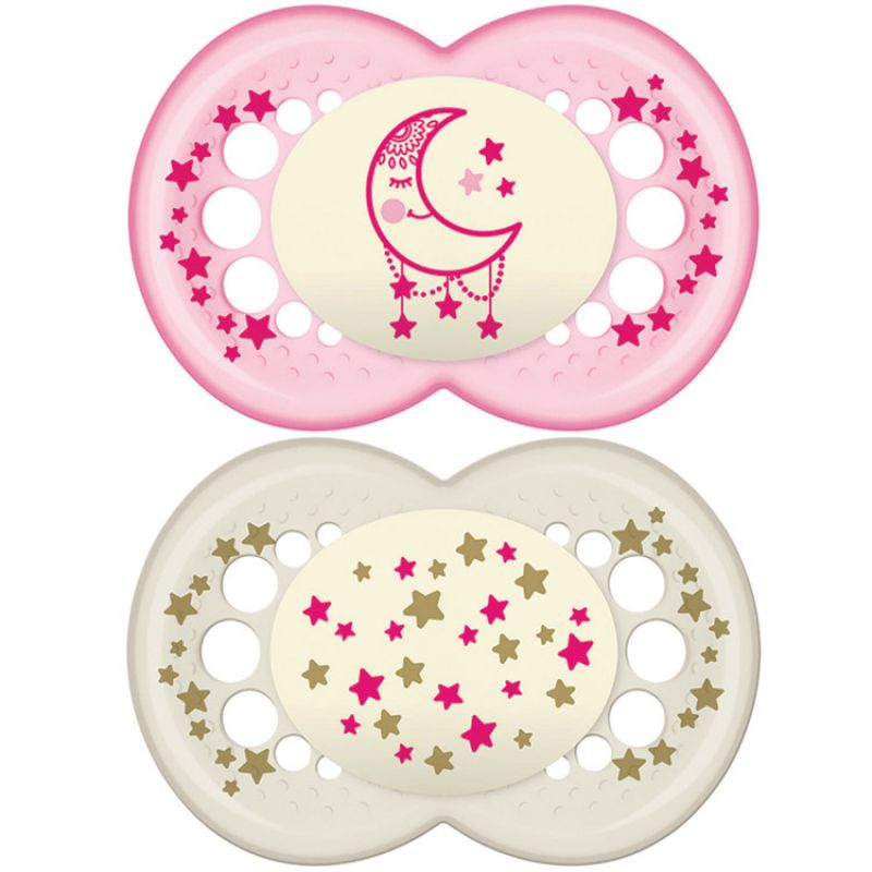 Lot de 2 sucettes anatomiques Nuit lune étoiles roses (18-36 mois) MAM