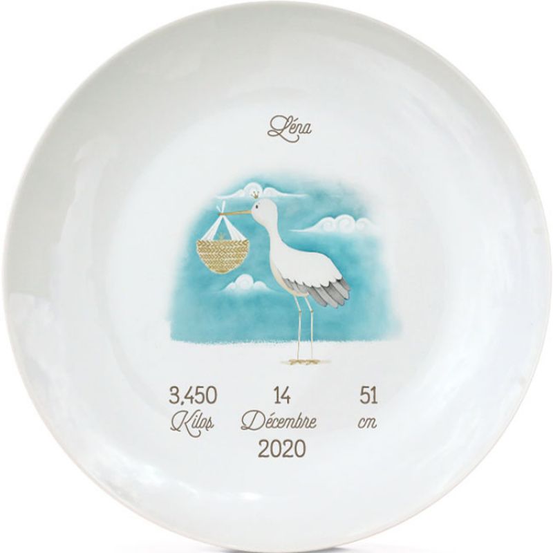Assiette de naissance Cigogne debout bleue (personnalisable) Gaëlle Duval