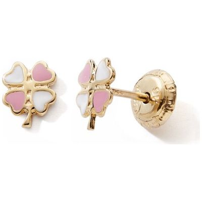 Boucles d'oreilles à vis Trèfle Rose-Blanc (or jaune 375°)