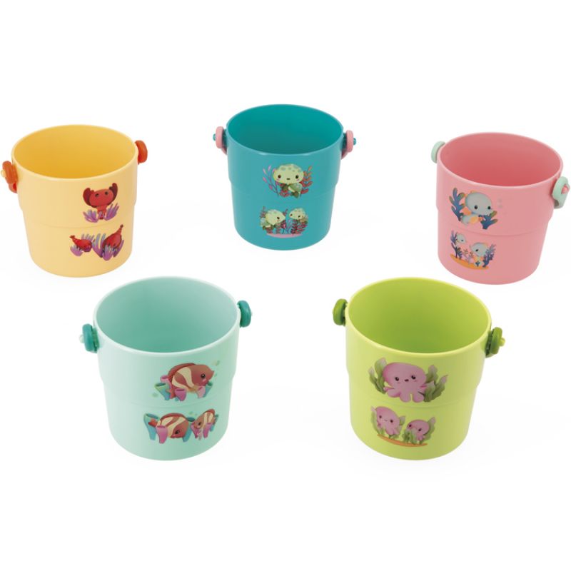 Lot de 5 seaux d'activités pour le bain mes bébés animaux Janod
