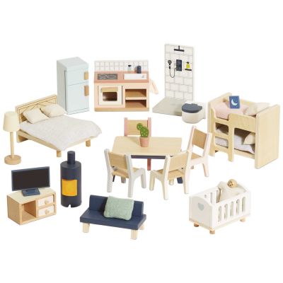 Ensemble de meubles pour maison de poupée en bois FSC (35 pièces)