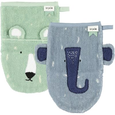 Lot de 2 gants de toilette Mr Polar Bear et Mrs Elephant  par Trixie