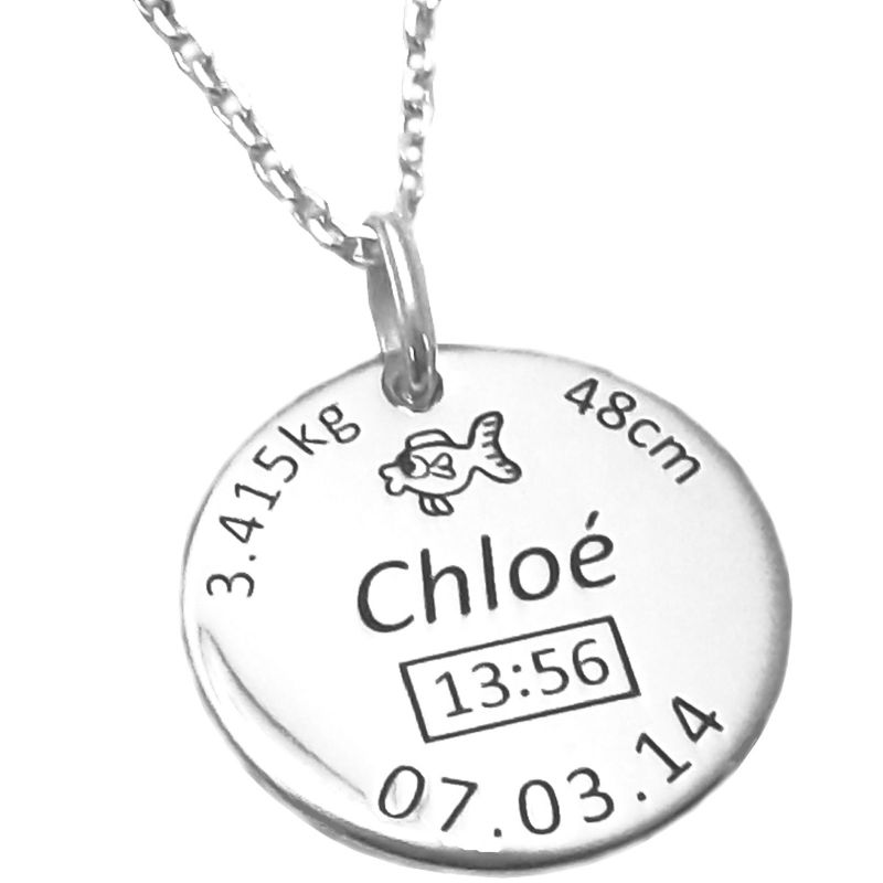 Médaille de naissance ronde avec chaîne personnalisable 16 mm (argent 925° rhodié) Alomi