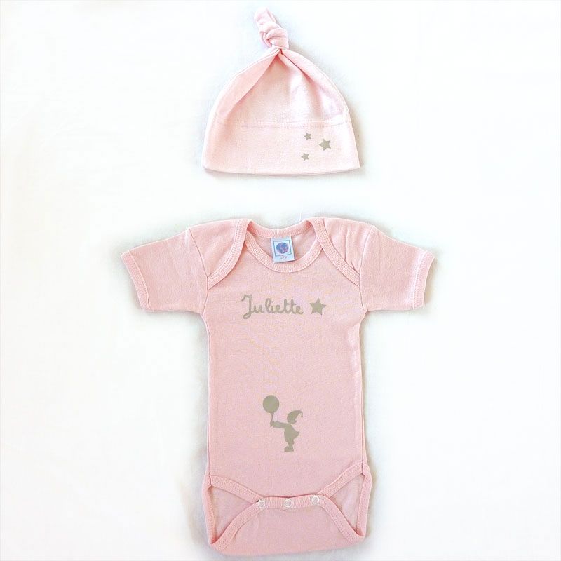Ensemble bonnet + body rose à manches courtes personnalisable (0-6 mois) Les Griottes