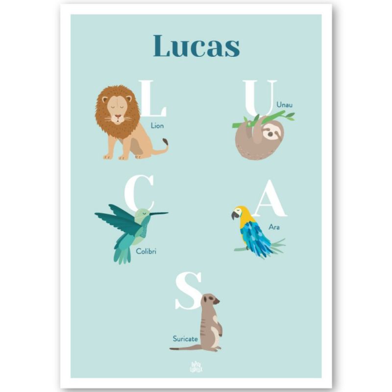 Affiche A3 abécédaire animaux bleu (personnalisable) Papier curieux
