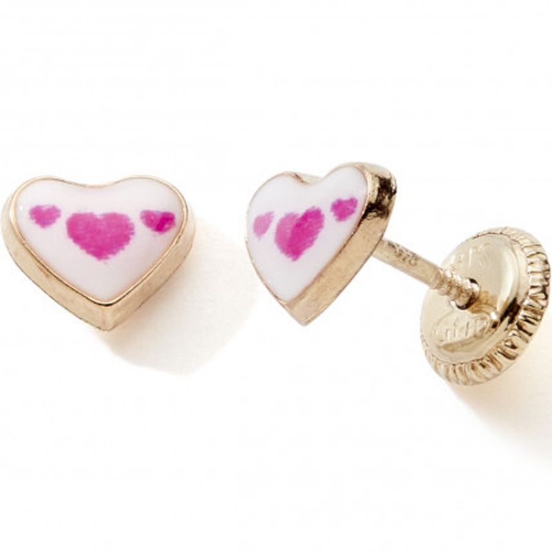 Boucles d'oreilles Coeur blanc et rose (or jaune 375°) Baby bijoux