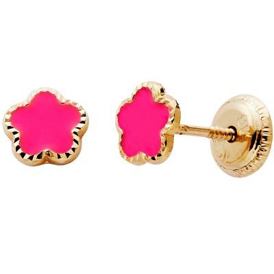 Boucles d'oreilles Fleur laquée Fushia (or jaune 375°) Baby bijoux