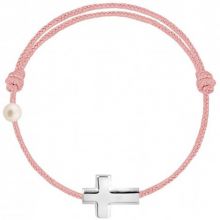 Bracelet cordon Croix et perle rose poudré (or blanc 750°)  par Claverin