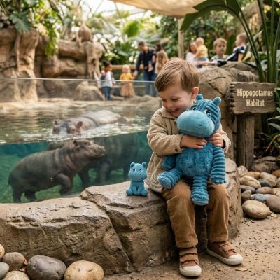 Peluche Bibou l'hippopotame maman et bébé Bleu (27 cm) Les Déglingos