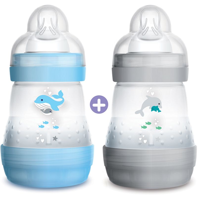 Lot de 2 biberons  Easy Start anti-colique bleu et gris - débit 1 lent (160 ml) MAM