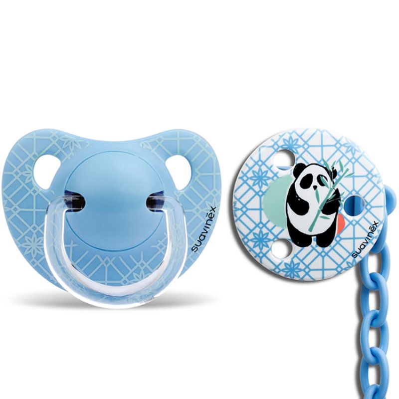 Lot Panda sucette physiologique (6-18 mois) et attache-sucette bleues Suavinex