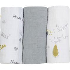 Lot de 3 langes en mousseline de coton I love you (70 x 70 cm) - Trois Kilos Sept