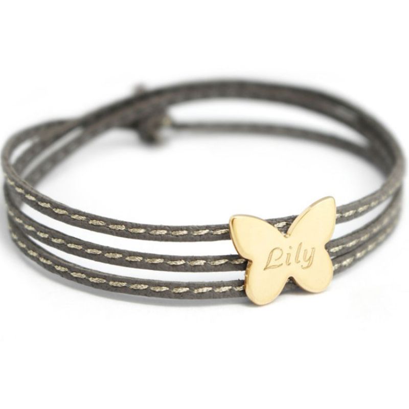 Bracelet enfant cuir Amazone papillon (plaqué or) Petits trésors