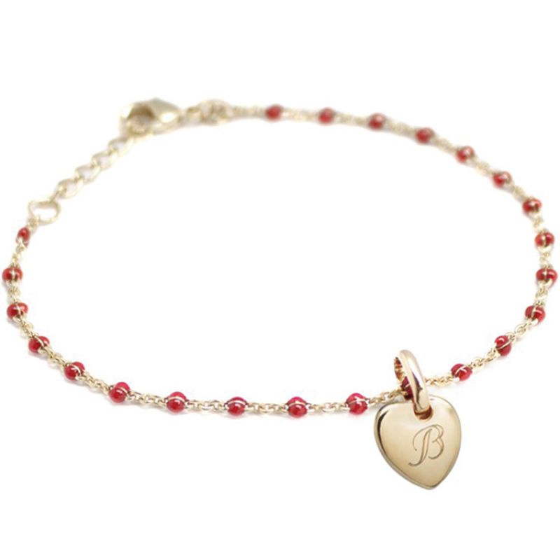 Bracelet médaille coeur chaîne perlée rouge personnalisable (plaqué or, émail) Petits trésors