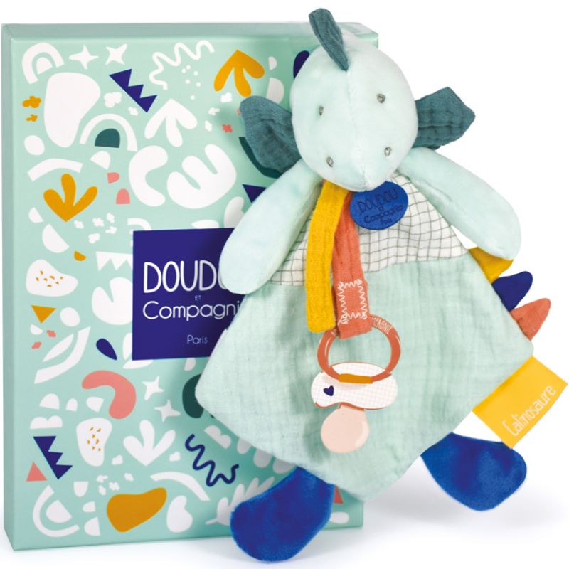 Coffret doudou attache sucette dinosaure Filou amande Calinosaures Doudou et Compagnie