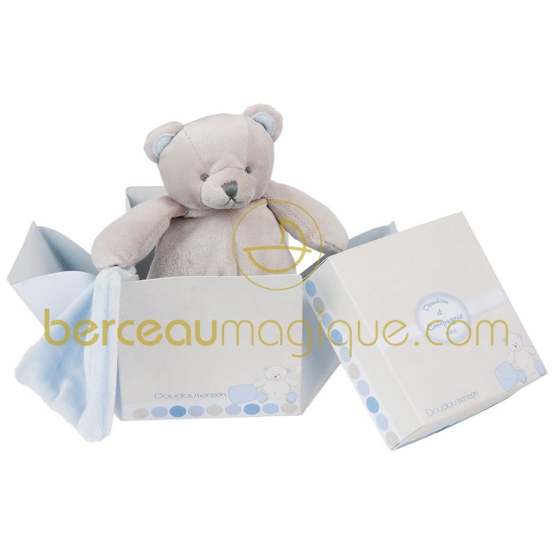 Peluche ourson avec mouchoir bleu (20 cm) Doudou et Compagnie