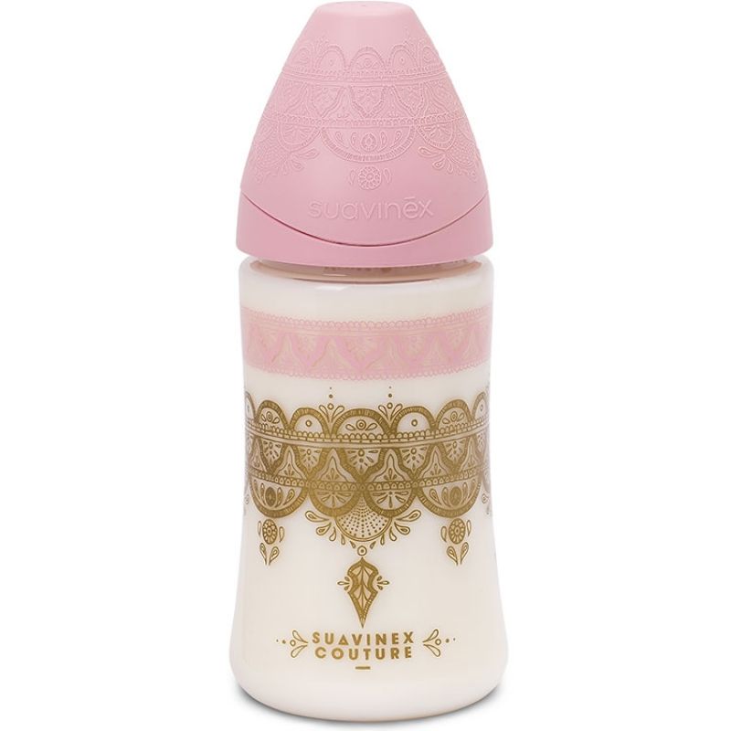 Biberon Couture Ethnic 3 vitesses rose clair et doré (270 ml) Suavinex