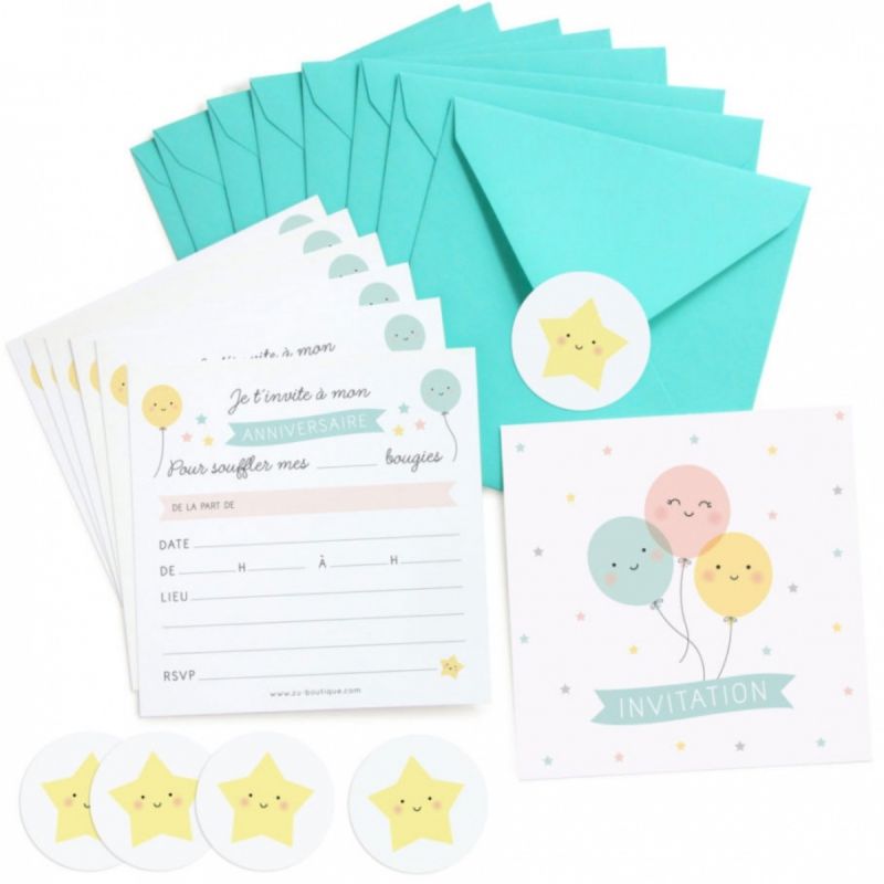 Lot de 8 kits d'invitation anniversaire Ballons Zü