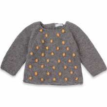 Pull Eugène tricoté main gris à Pois (3 mois : 62 cm)  par Mamy Factory