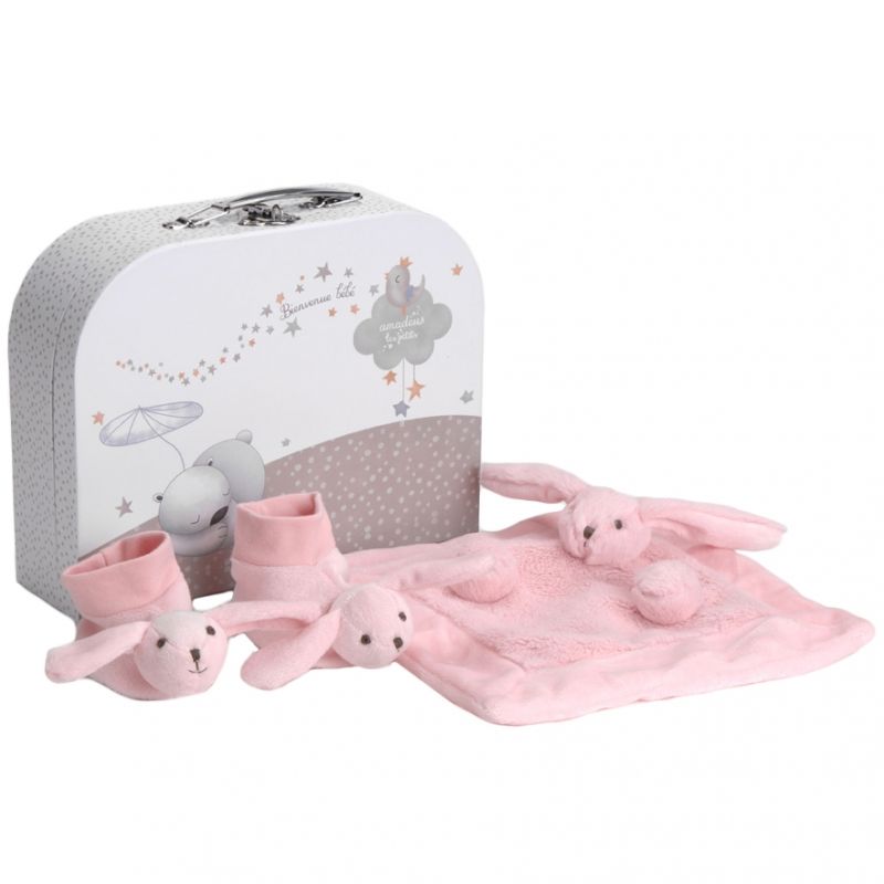 Coffret cadeau chaussons + doudou lapin rose Amadeus Les Petits