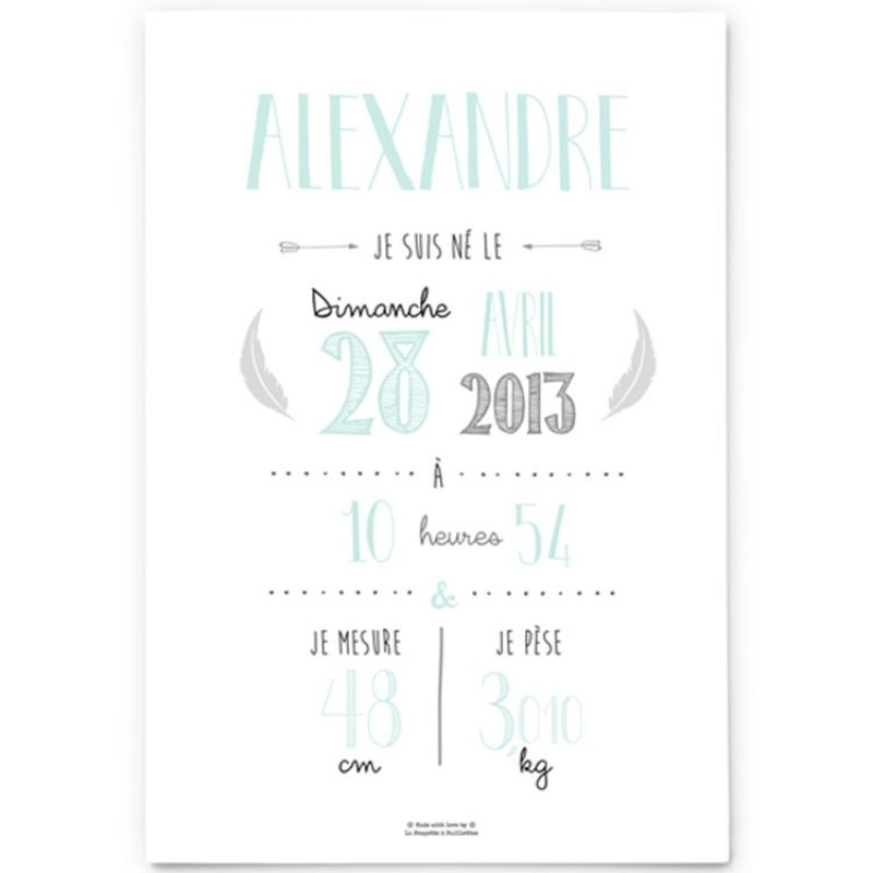 Affiche de naissance A3 vert mint (personnalisable) La Poupette à paillettes