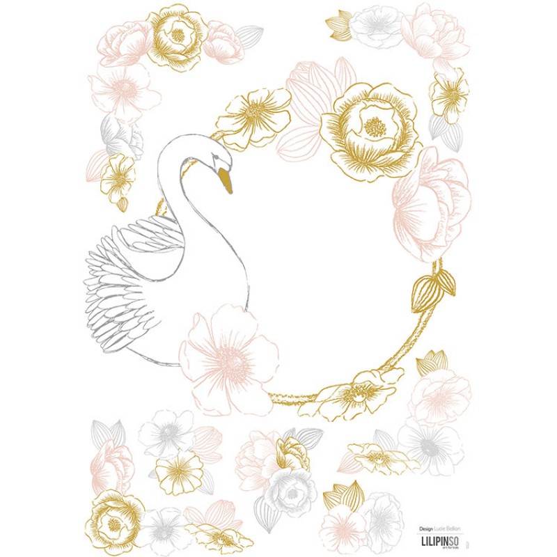 Planche de stickers A3 de cygne et fleurs Lilipinso