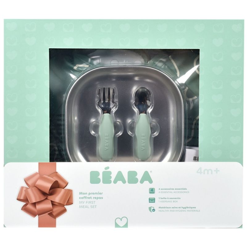 Coffret cadeau set repas couverts et bavoir Vert Sauge Béaba Packaging 3