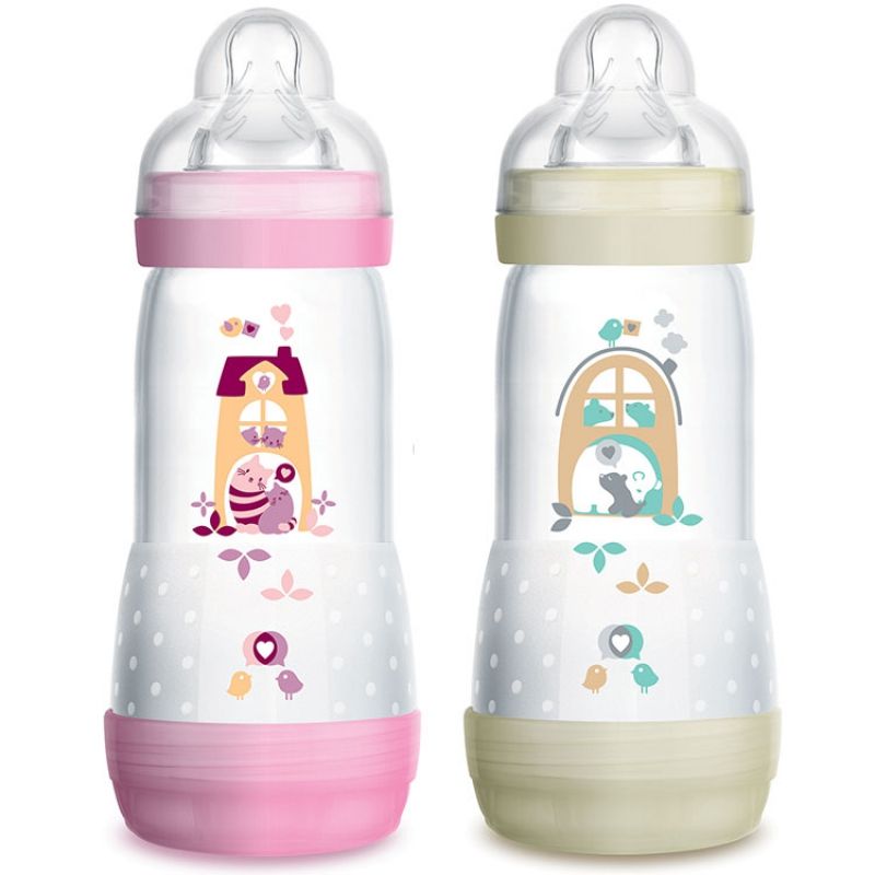 Lot de 2 biberons Easy Start anti-colique chat et ours - débit 3 rapide (320 ml) MAM