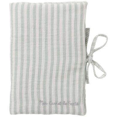 Protège-carnet de santé gaze de coton rayé vert de gris