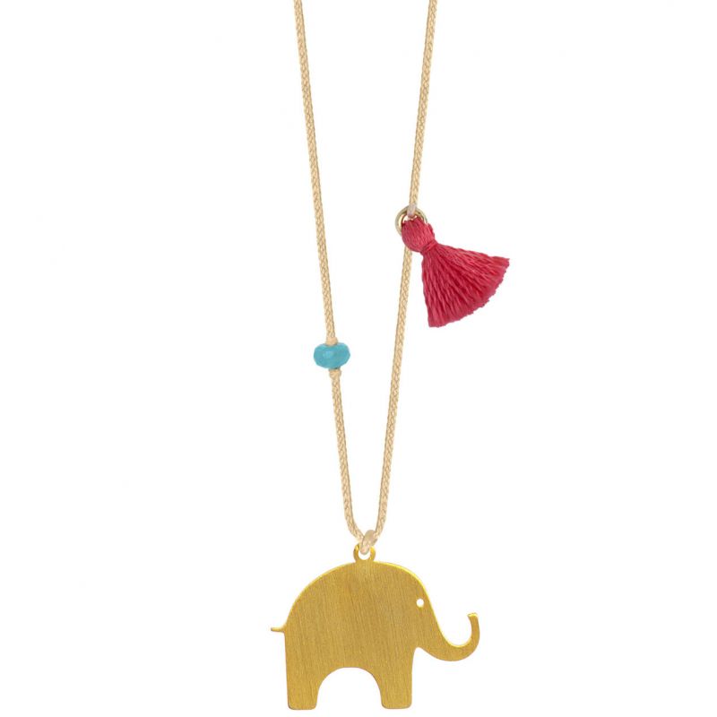 Collier cordon beige pendentif Nature éléphant 20 mm (vermeil doré) Coquine