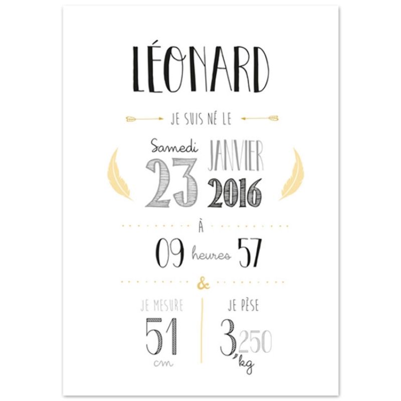 Affiche de naissance A3 jaune (personnalisable) La Poupette à paillettes