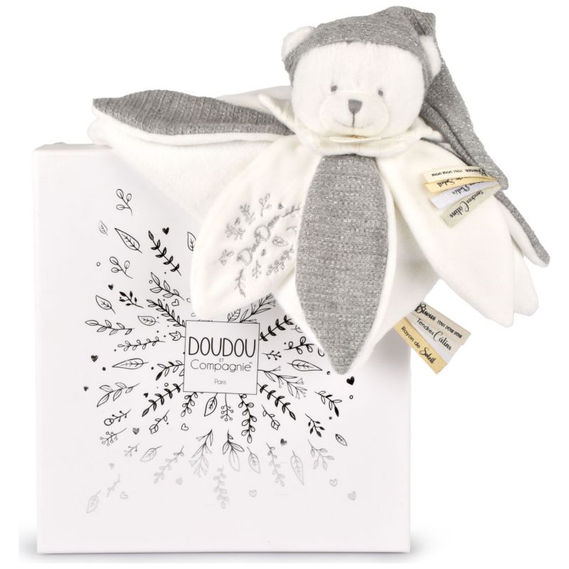 Doudou plat pétales Ours Argent (25 cm) Doudou et Compagnie Packaging 3