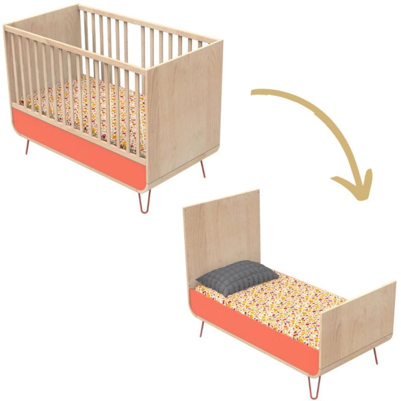 Lit évolutif Bambin corail-bois pieds fil corail (70 x 140 cm) Sauthon Original