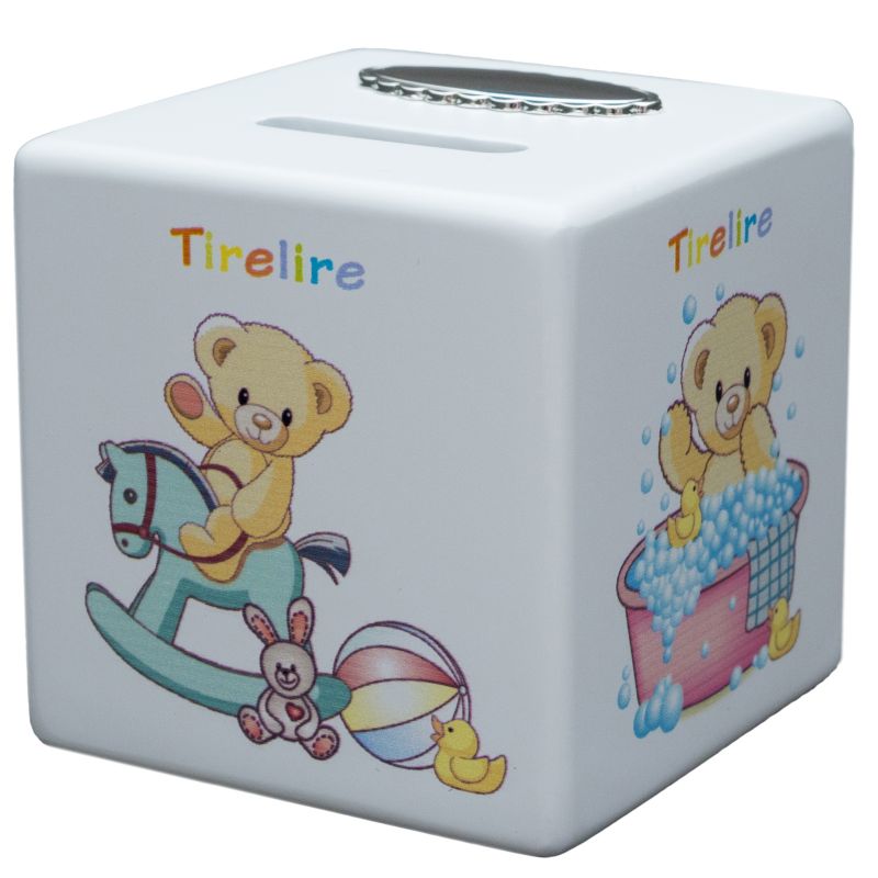 Tirelire cube blanche Ourson personnalisable (métal argenté) Daniel Crégut